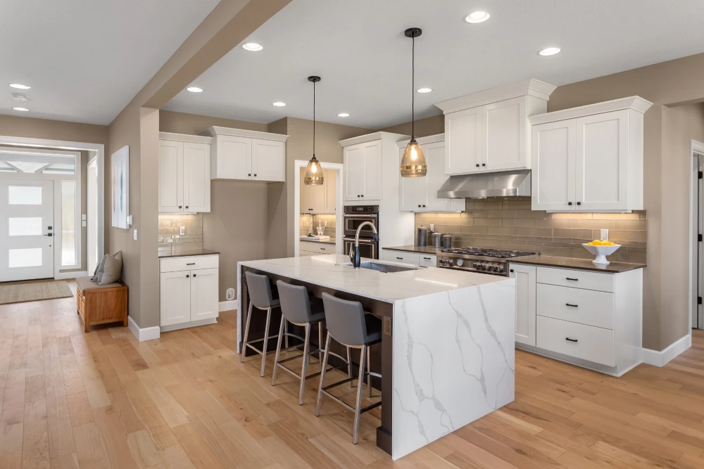 Completed modern kitchen after remodels.
