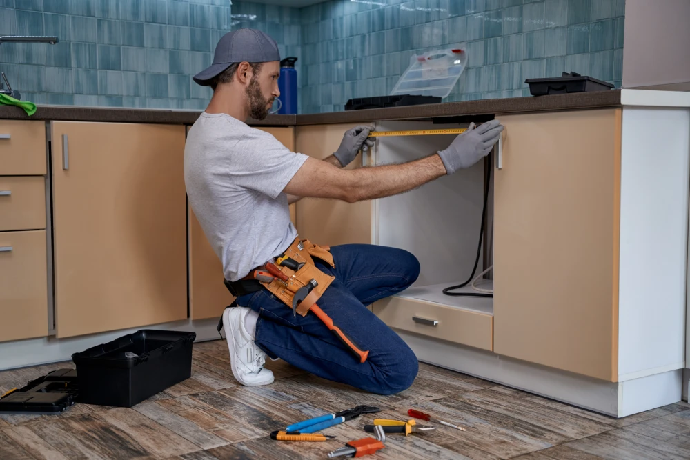 A contractor measuring cabinets during kitchen remodels.
