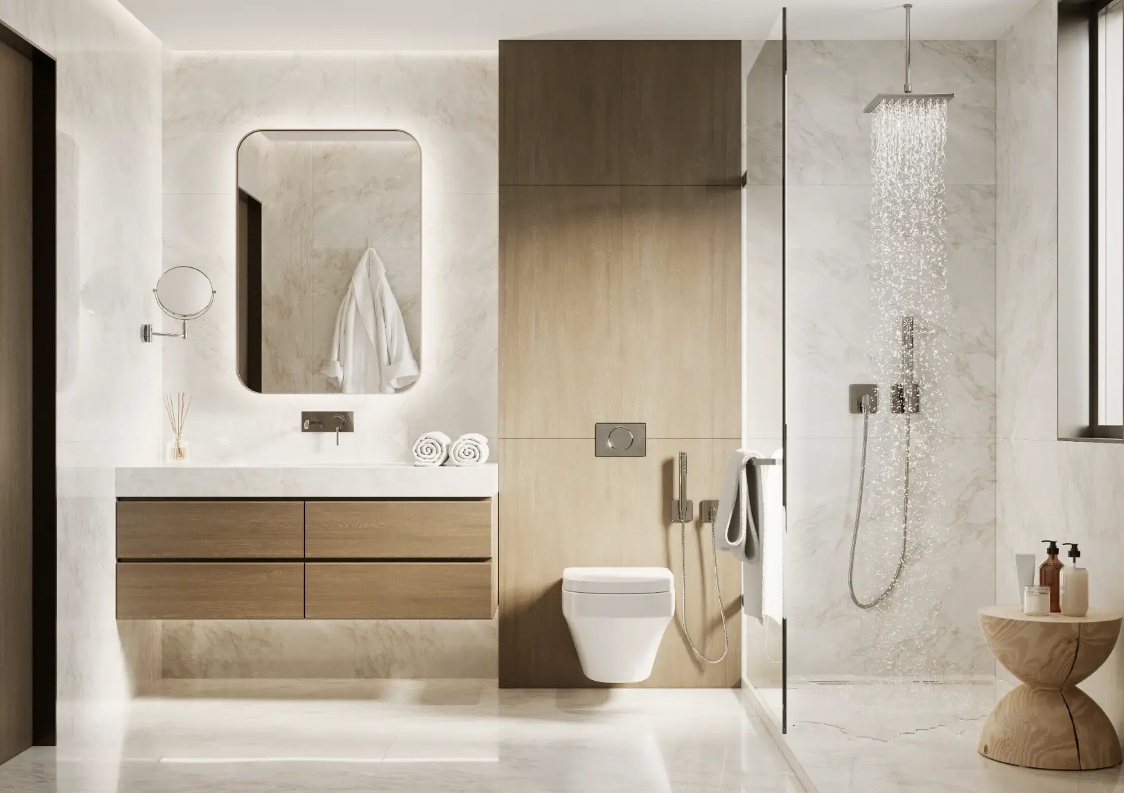 Modern bathroom with a glass walk-in shower, floating vanity, wall-mounted toilet, and marble walls.