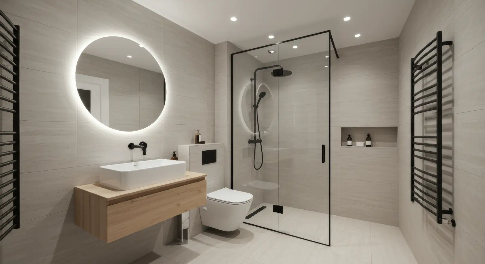 Contemporary bathroom with a glass walk-in shower, floating vanity, round mirror, and curbless shower entry.